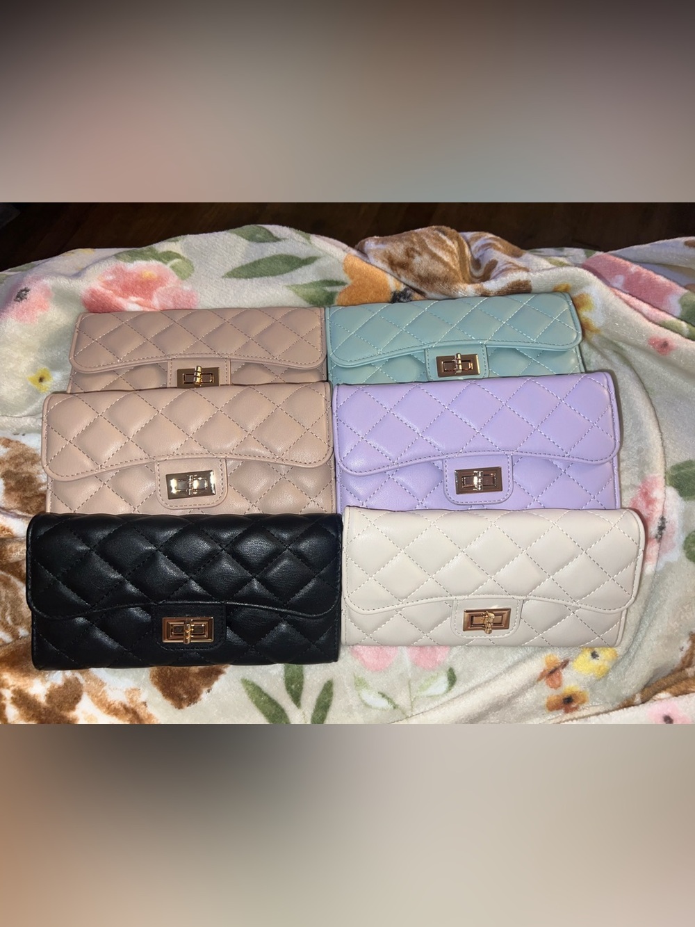 Quilted Turn-Lock Wallet - Black, White, Lilac, Mint, Taupe